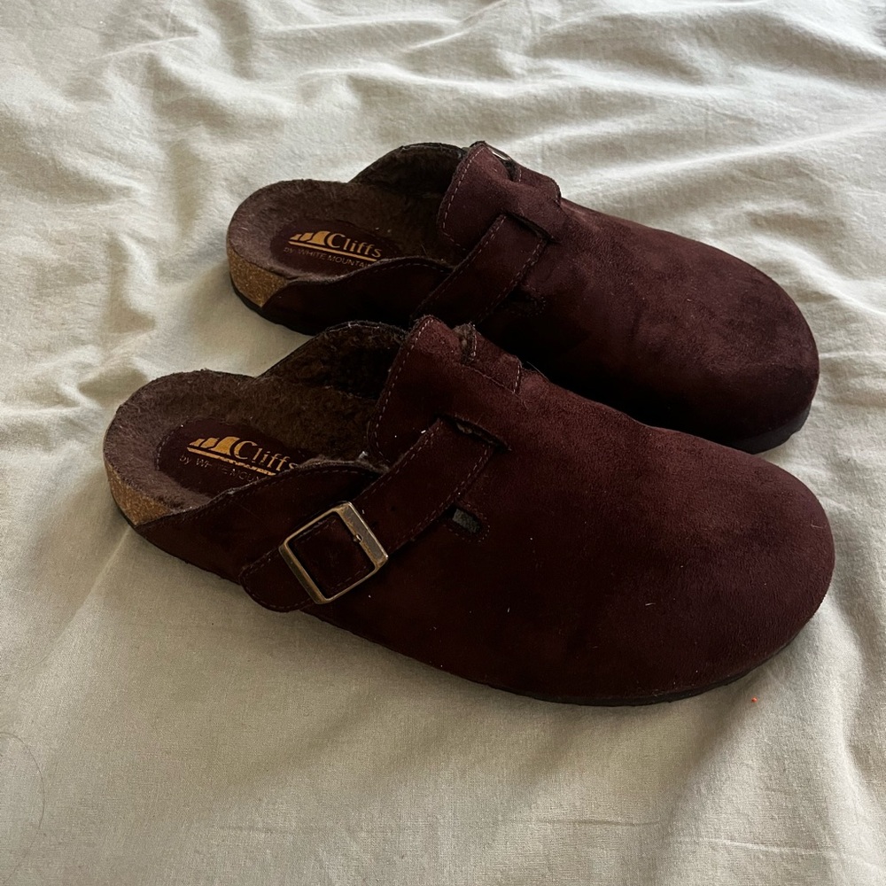 Cliffs Burgundy/Brown Suede Slip-On Clogs, Sherpa-lined - Picture 3 of 4